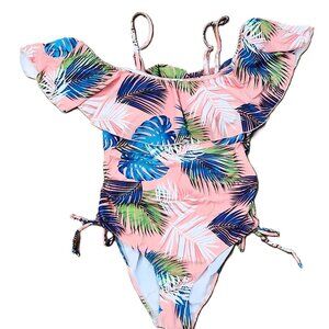 Off-Shoulder Ruffled Flounce Bathing Suit Drawstring One Piece Swimsuit - Size M